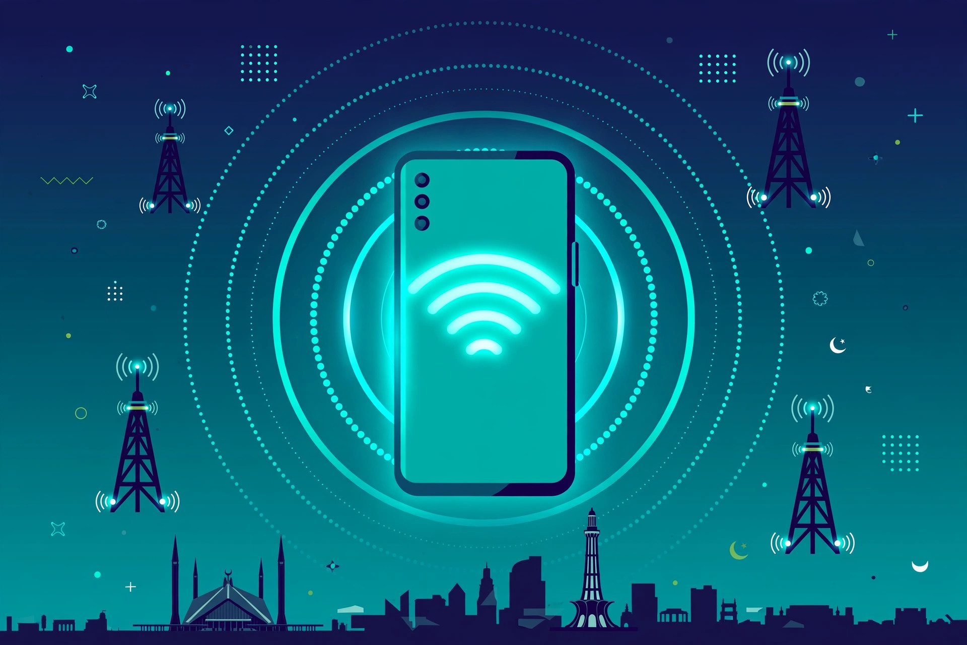 Illustration of a smartphone radiating 5G signal waves beside mobile network towers over a Pakistani city skyline in teal and navy