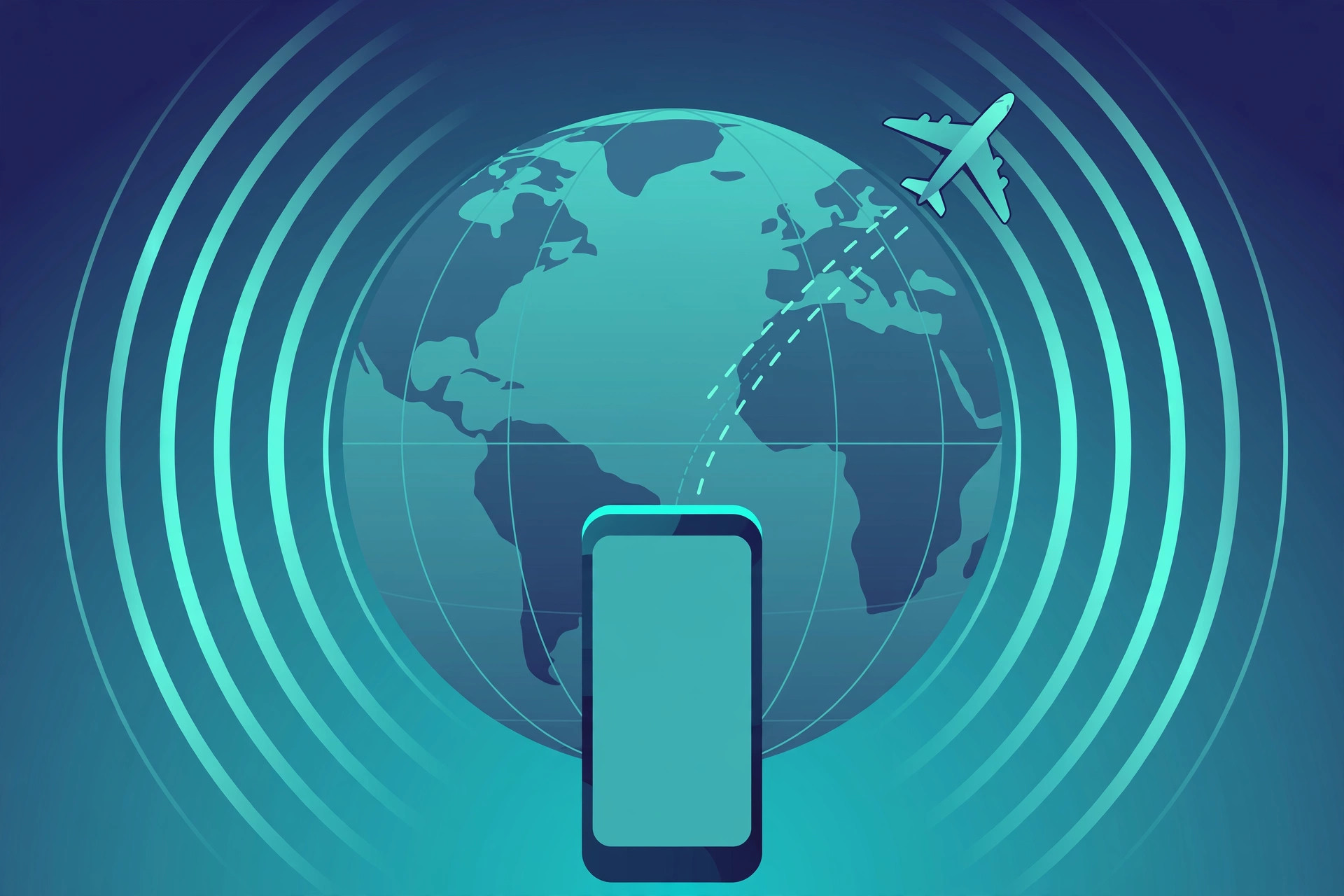 Illustration of a smartphone with an airplane taking off above it and a globe with radiating signal arcs, teal and navy telecom concept art