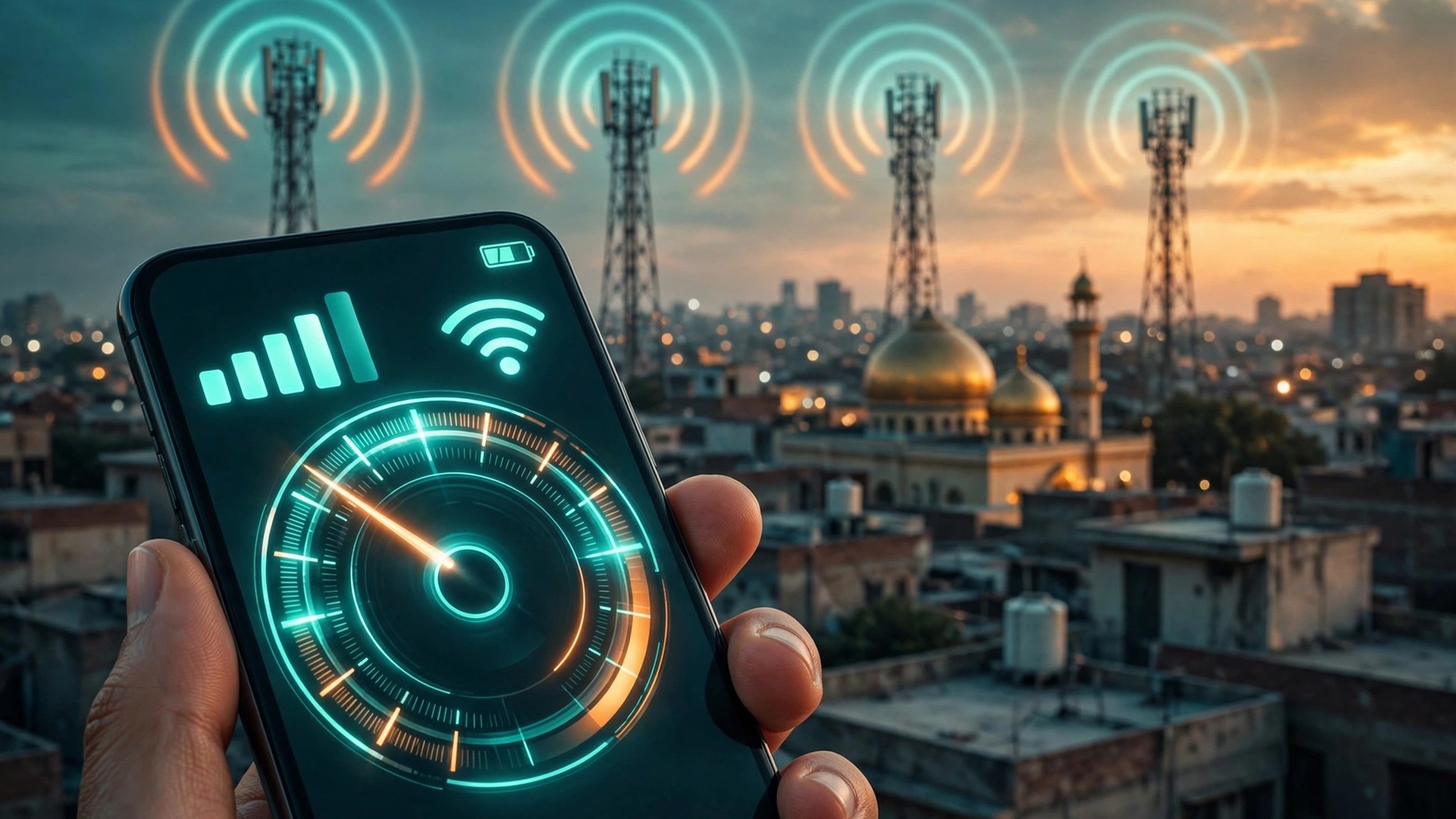 Hand holding a smartphone showing full 4G signal bars and a speed test gauge, with four cell towers and a Pakistani city skyline at dusk, illustrating the best mobile network comparison in Pakistan