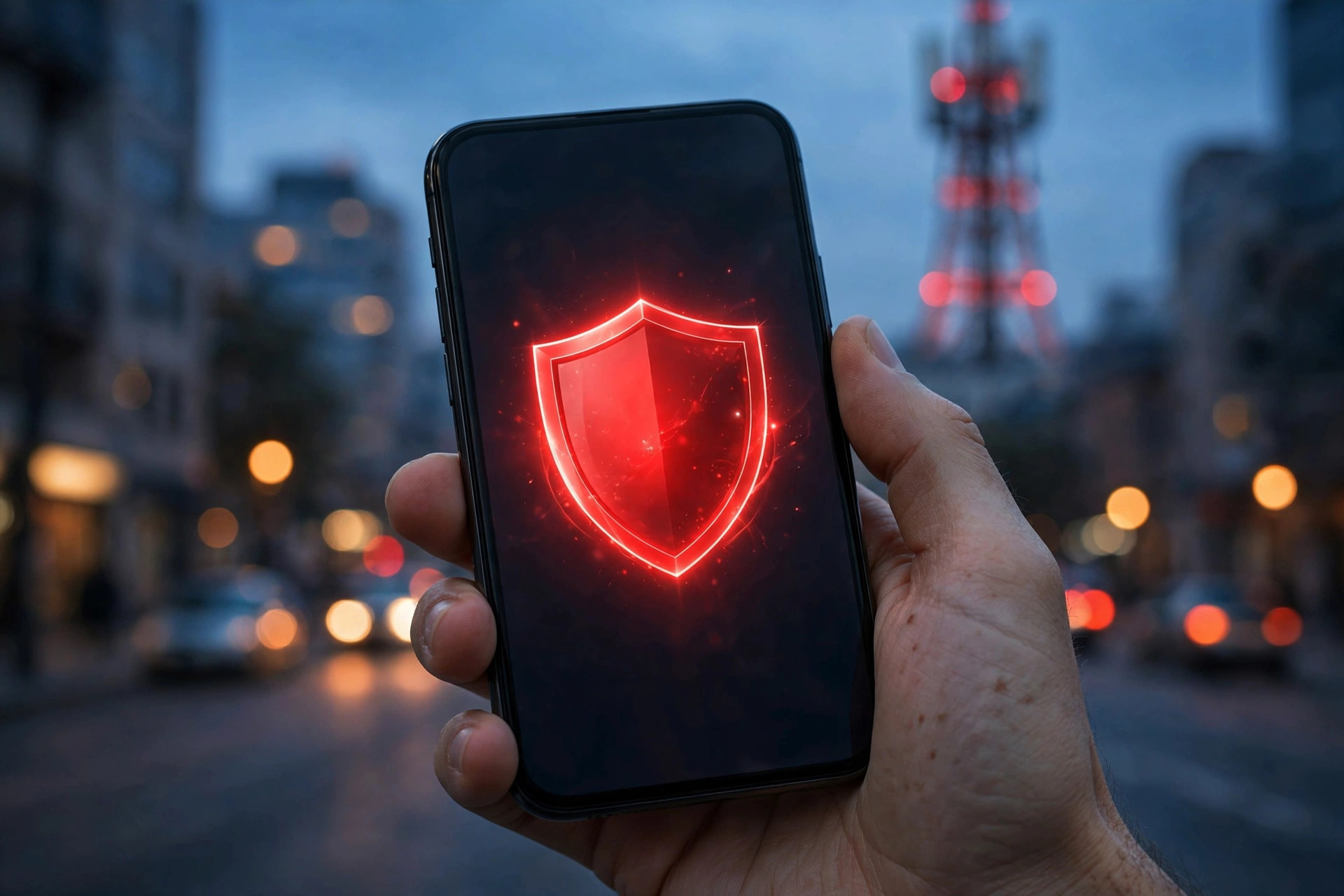 Hand holding a smartphone with an incoming call being blocked by a shield, with a Pakistani telecom tower in the background