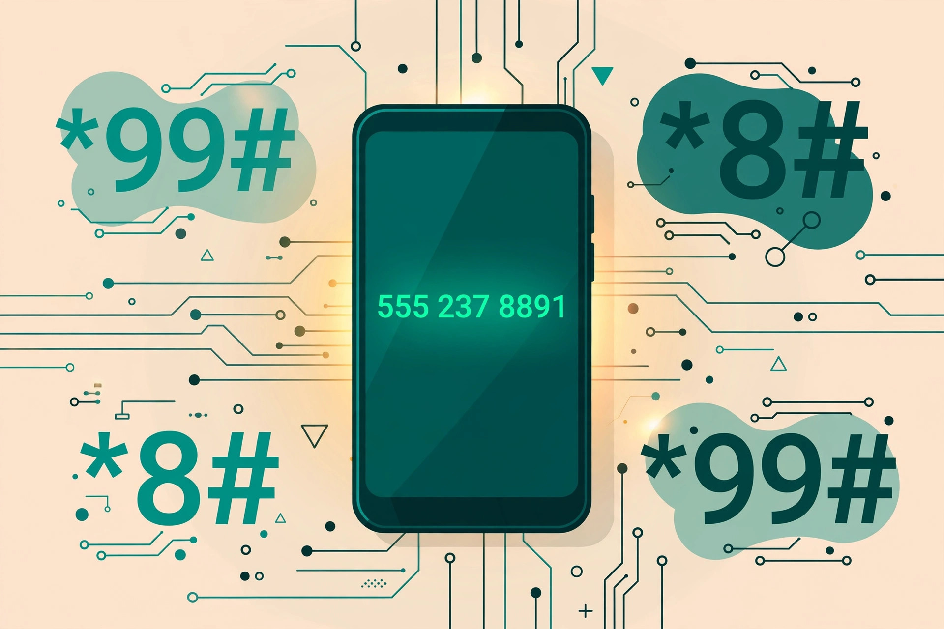 Flat illustration of a smartphone showing its own phone number on screen, surrounded by USSD code symbols like *99# and *8#
