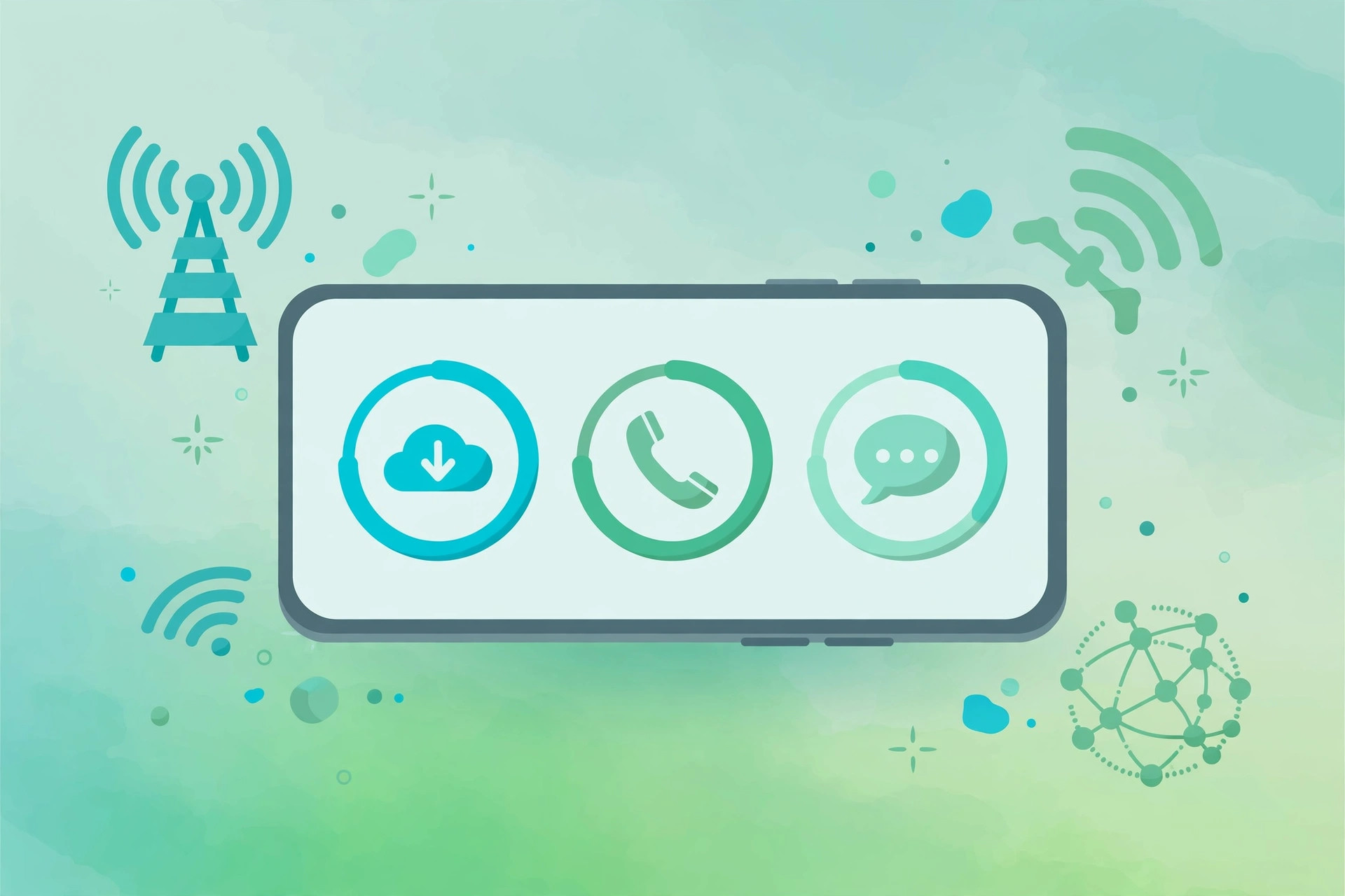 Smartphone displaying circular gauges for remaining internet data, call minutes and SMS with signal towers behind it, illustrating how to check remaining bundle resources on Jazz, Zong, Telenor and Ufone in Pakistan