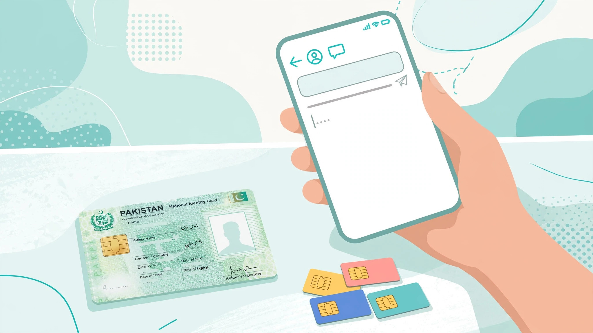 Hand holding a smartphone sending an SMS to 668 next to a Pakistani CNIC card on a desk