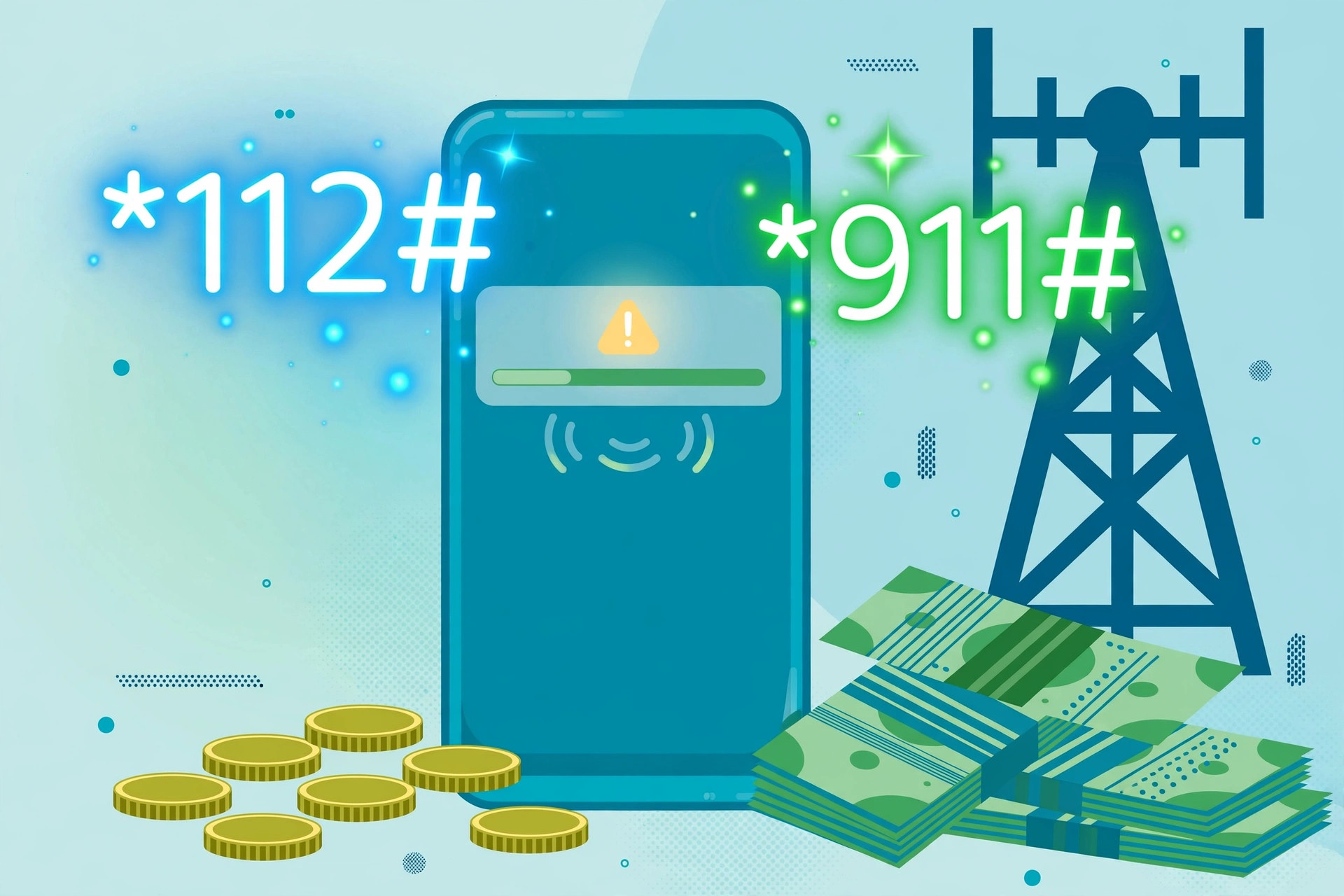 Illustration of a smartphone showing a low-balance alert with USSD advance codes *112# and *911#, a telecom tower, rupee coins and banknotes