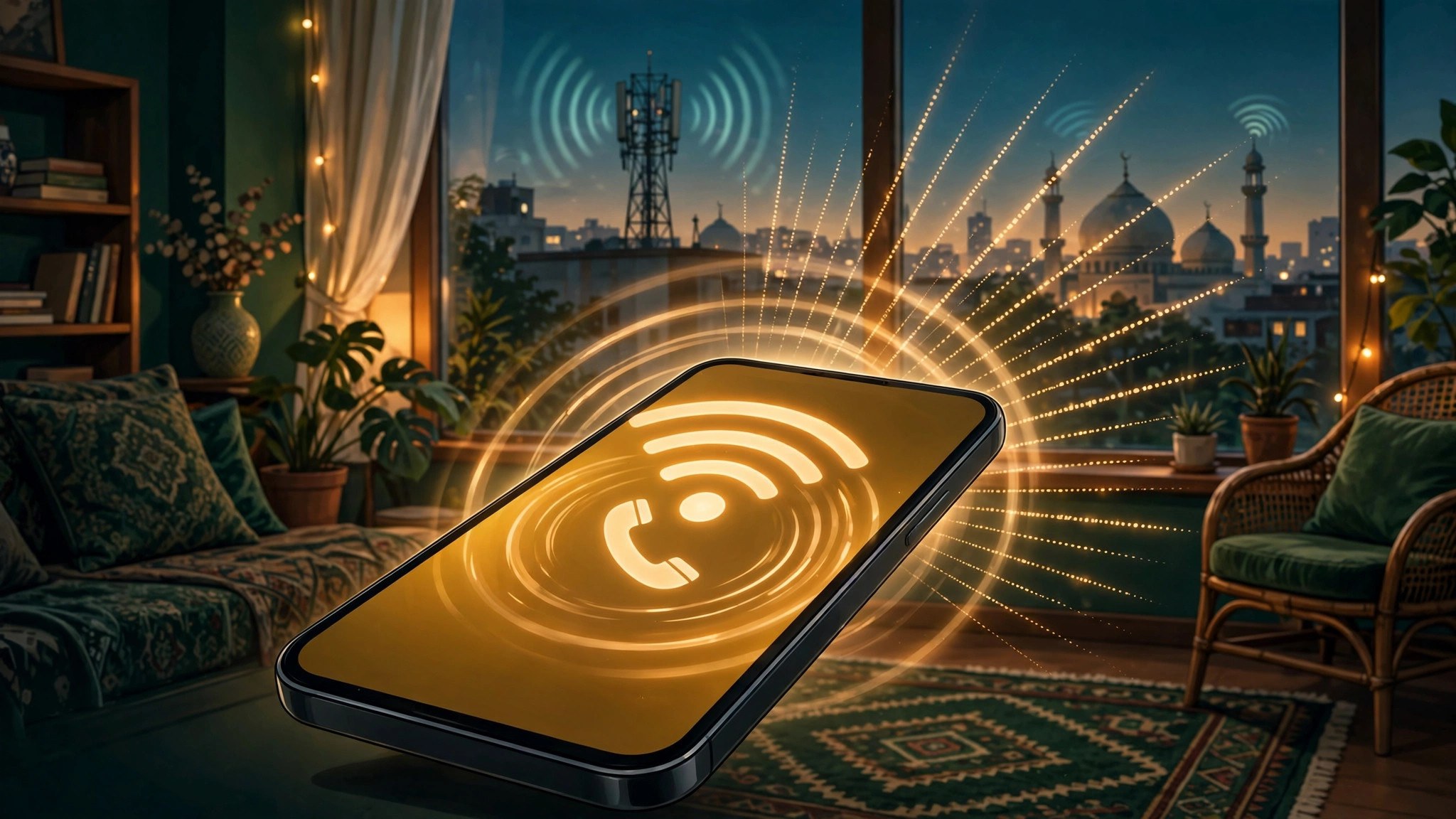 Smartphone with a glowing WiFi and phone-call icon radiating signal waves inside a Pakistani home at dusk, with a cell tower and mosque domes on the skyline, illustrating how to enable WiFi calling on Jazz, Zong, Telenor and Ufone in Pakistan