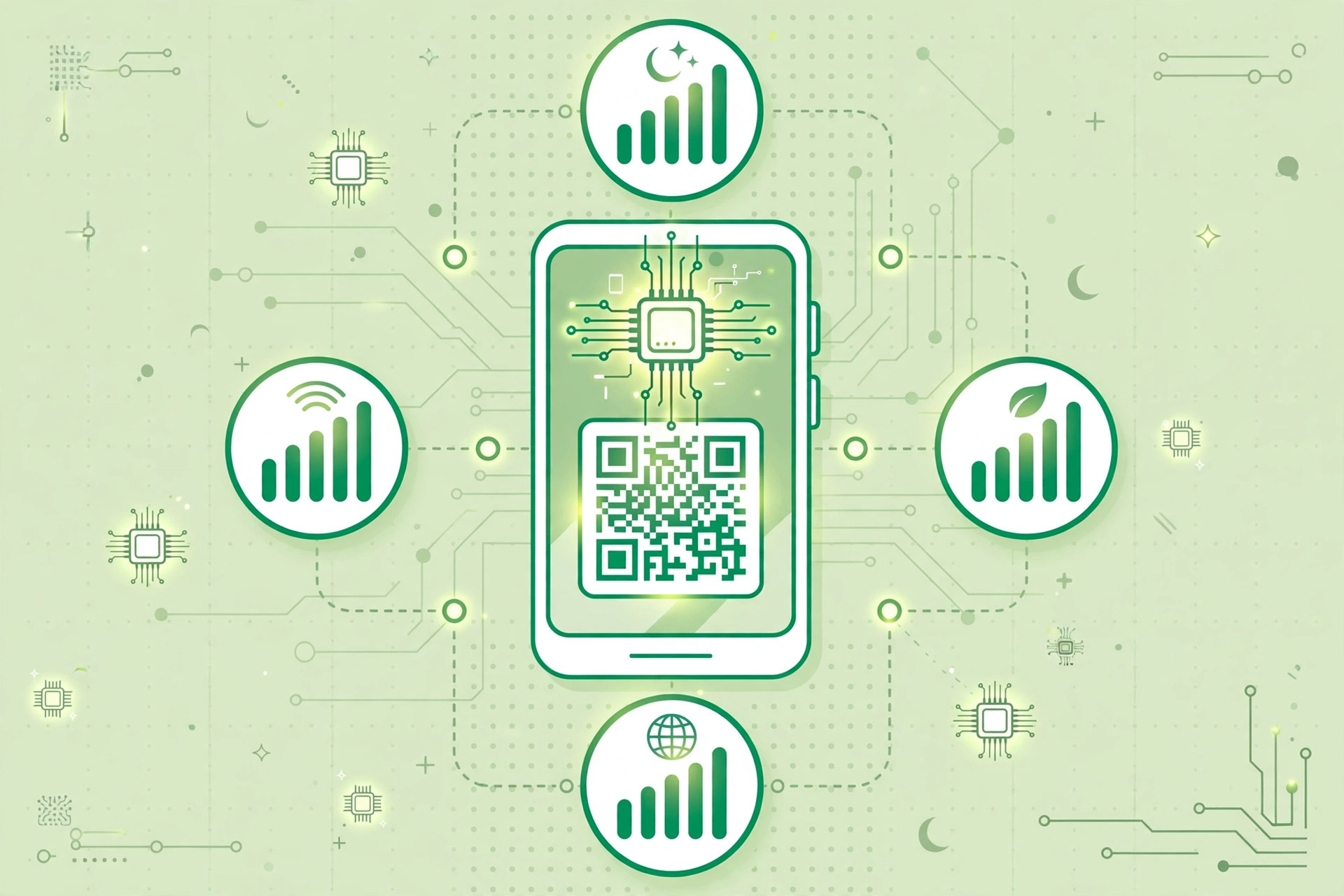 Illustration of a smartphone displaying an eSIM QR code with embedded SIM chip motif and network signal icons in Pakistan green and white