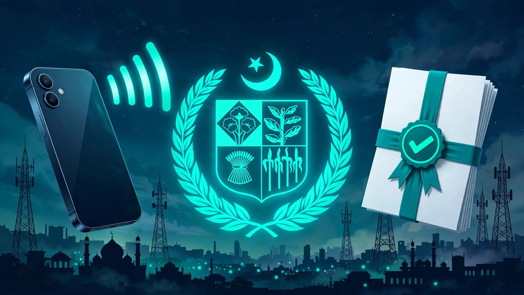 Illustration of a smartphone with signal bars beside a glowing government shield emblem and an approved complaint document with checkmark, with network towers over a Pakistani city skyline in teal and navy