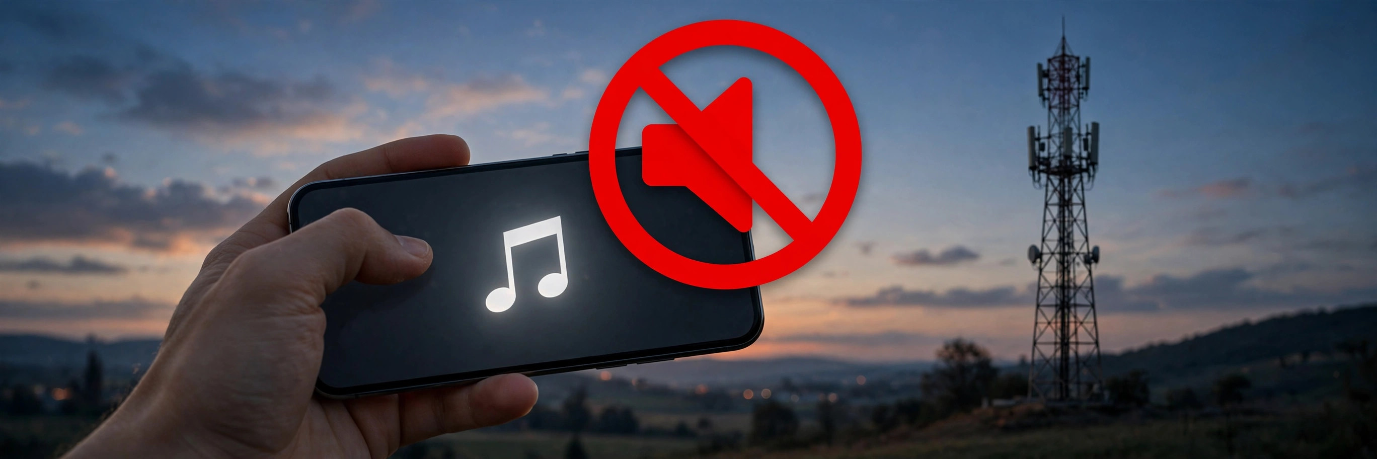 Hand holding a smartphone with a musical-note ringback tone screen and a crossed-out speaker icon, illustrating how to deactivate Jazz caller tunes in Pakistan