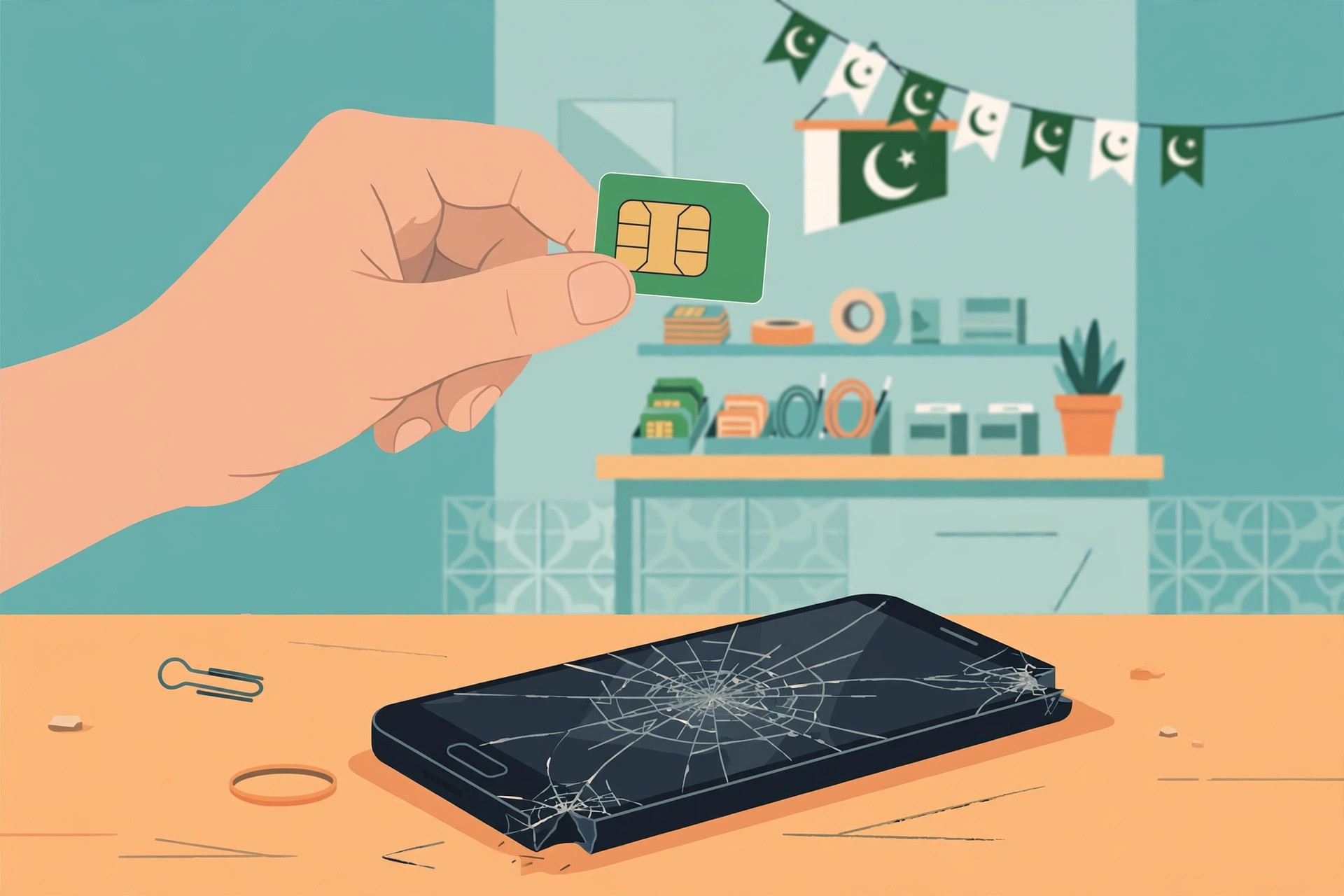 A hand holding a new SIM card above a cracked lost smartphone at a telecom franchise counter