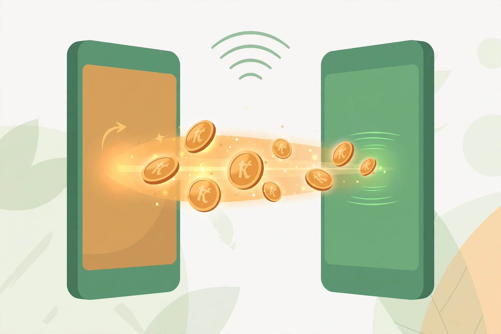 Two smartphones exchanging mobile balance credit, with glowing rupee coins flowing between them