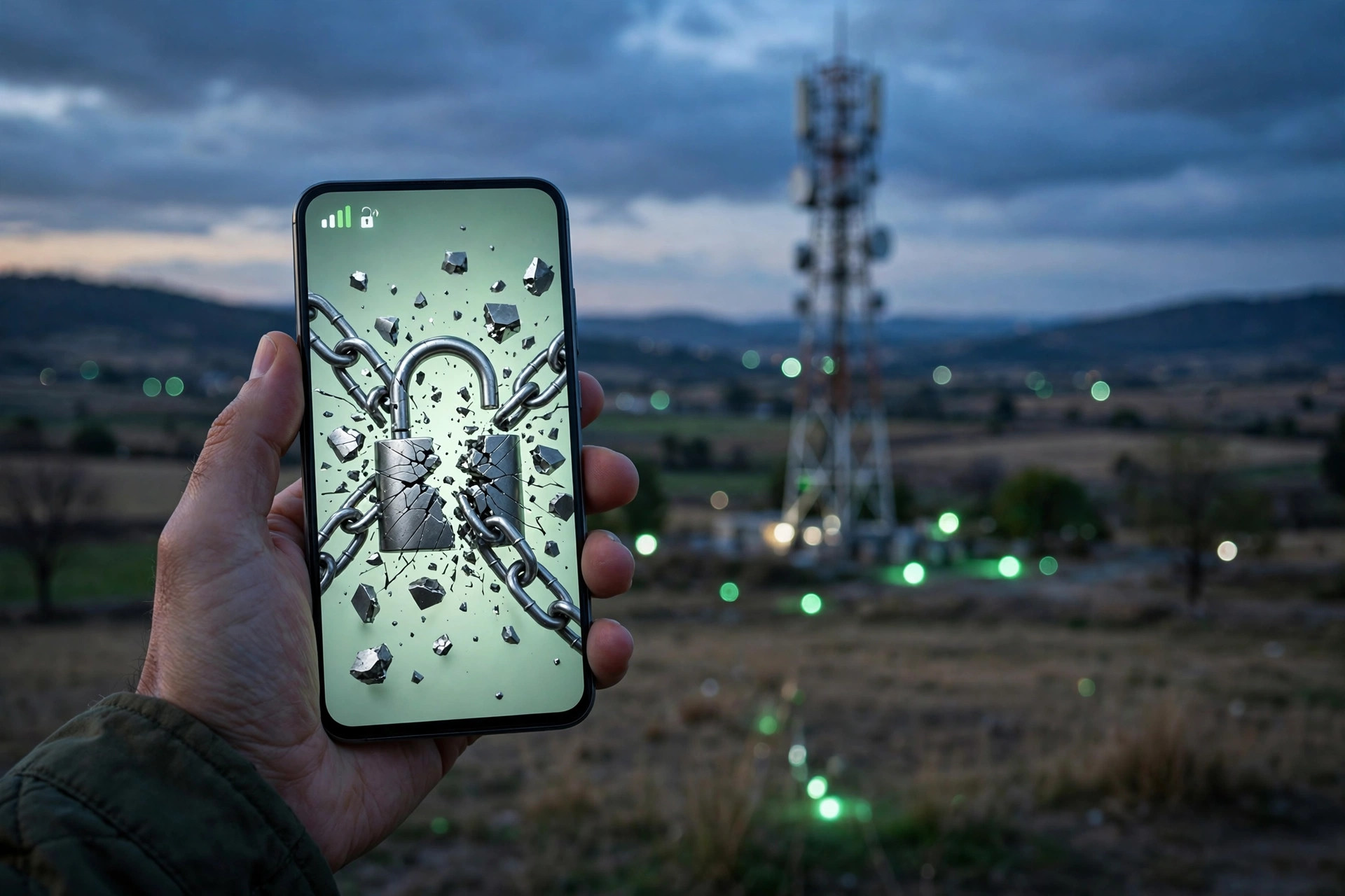 Hand holding a smartphone with a broken chain motif and a mobile tower at dusk, illustrating how to unblock a PTA-blocked phone in Pakistan