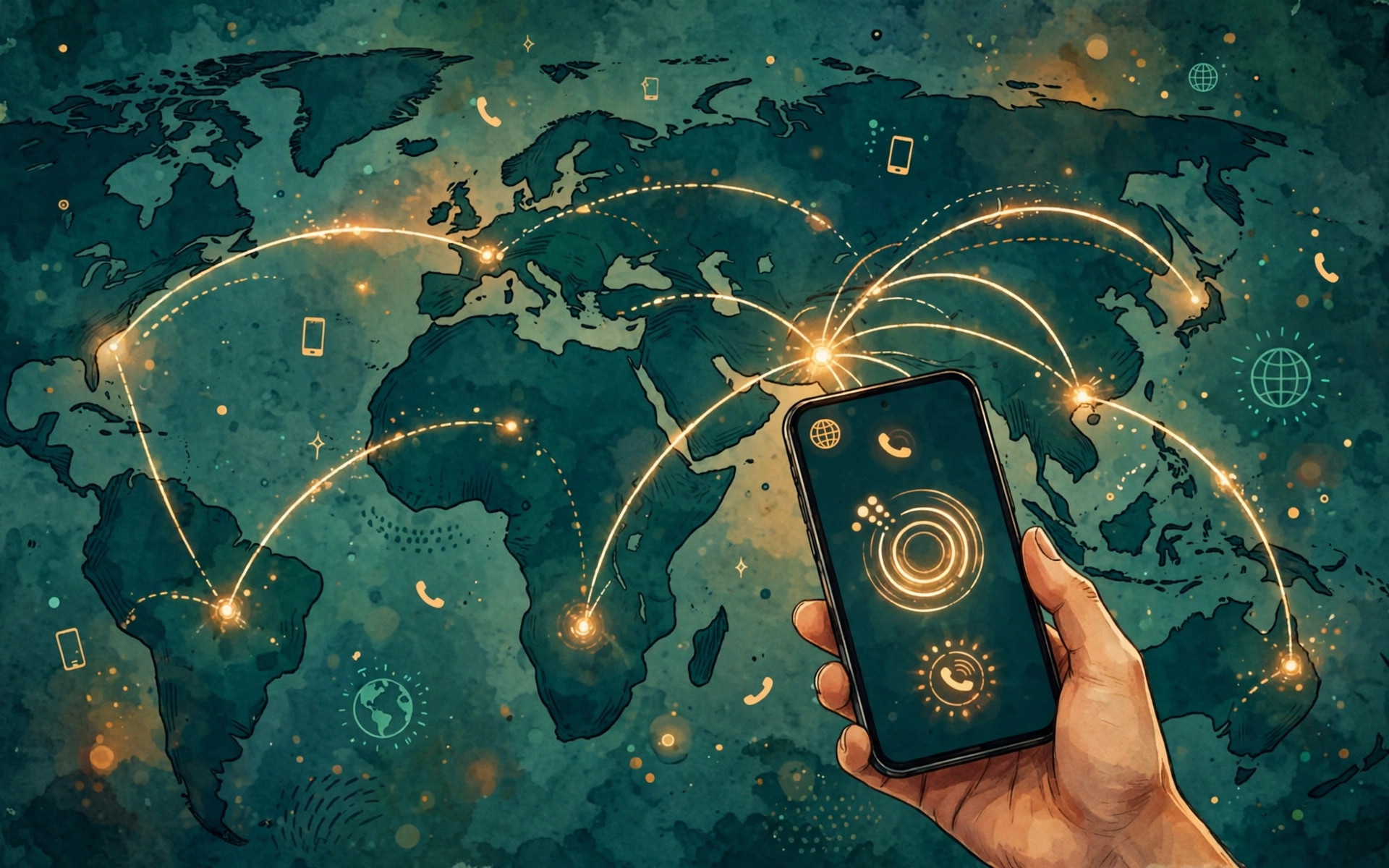 Hand holding a smartphone placing an international call over a world map with glowing connection arcs between Pakistan and distant continents