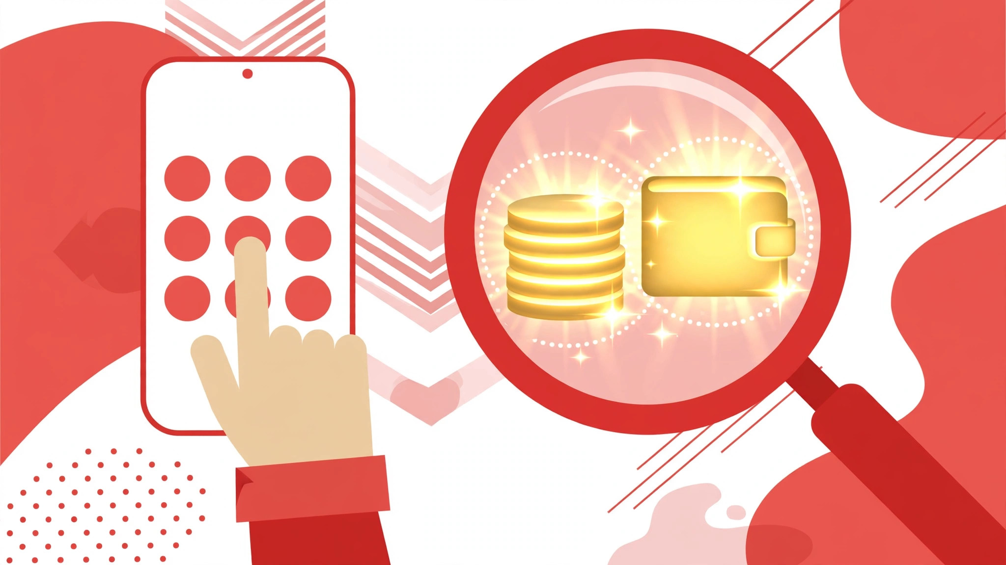 Illustration of a hand tapping a phone dial pad with a magnifying glass over coins and a wallet
