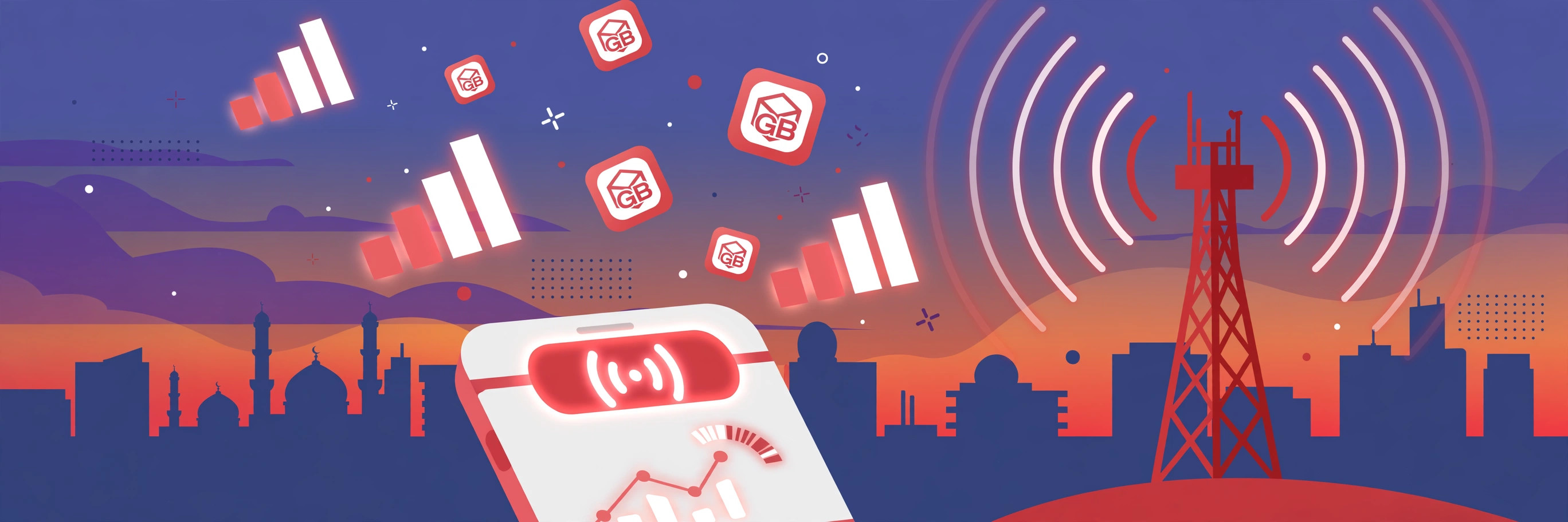 Smartphone with glowing 4G data signal and floating GB icons next to a mobile tower at dusk, illustrating Jazz internet packages