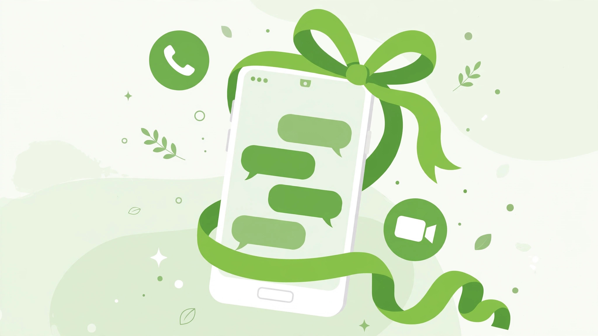 Illustration of a smartphone wrapped in a gift ribbon showing a chat interface with green message bubbles