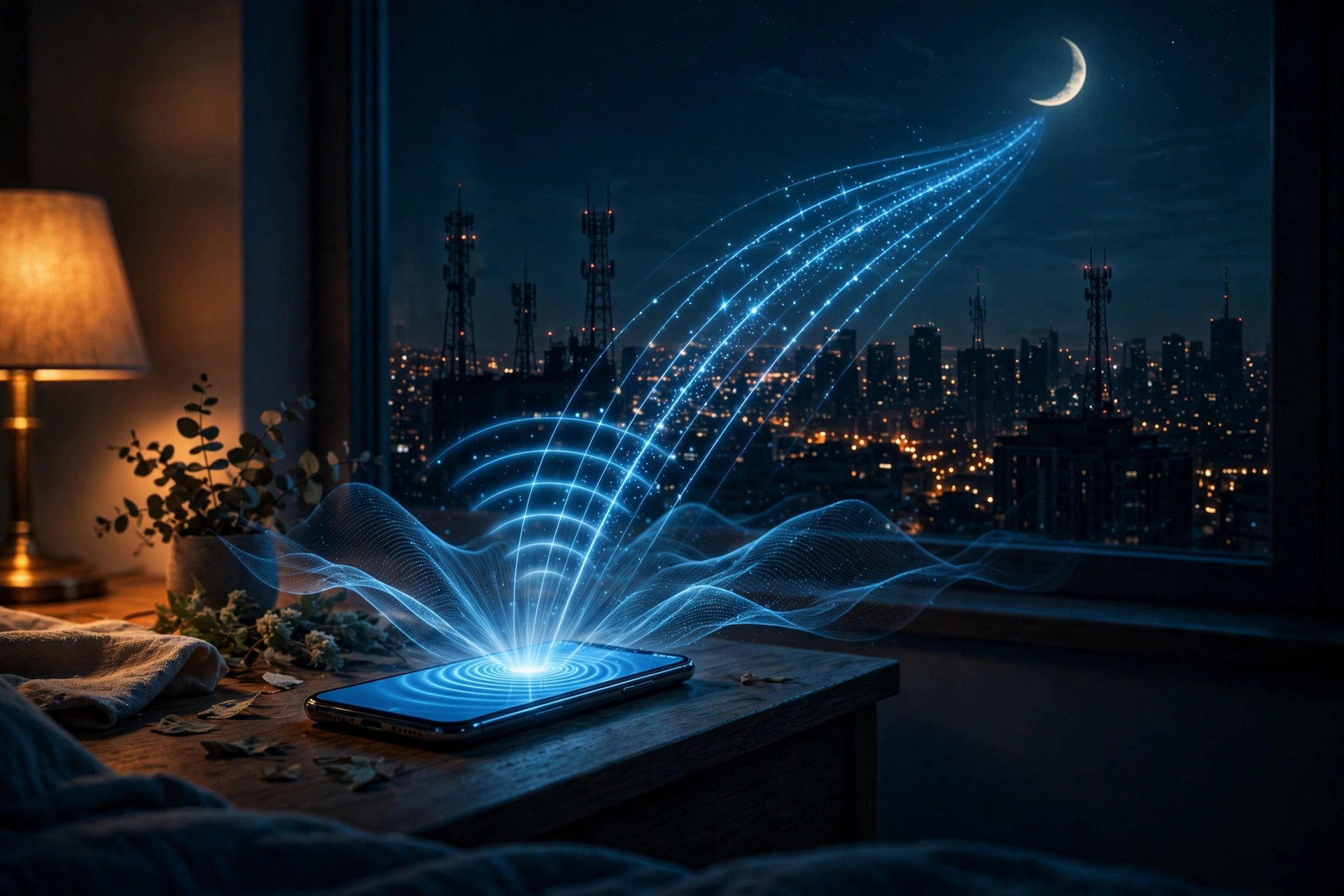 Smartphone glowing with data waves under a crescent moon beside a city skyline with mobile signal towers, illustrating night internet packages on Jazz, Zong, Telenor and Ufone in Pakistan