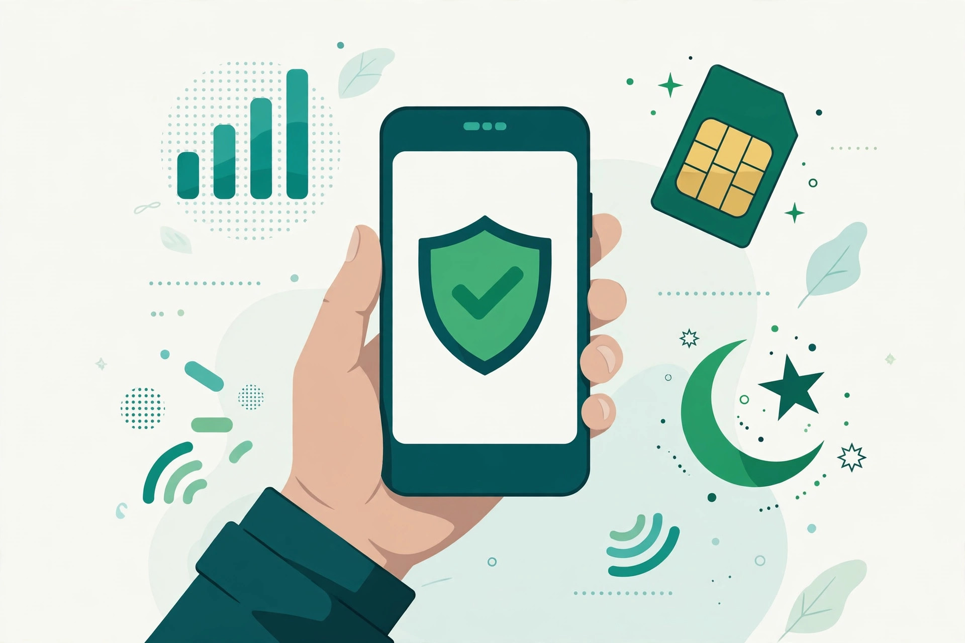 Flat illustration of a hand holding a smartphone with a green checkmark shield, surrounded by a SIM card, signal bars and a crescent-star motif, illustrating PTA mobile registration verification in Pakistan