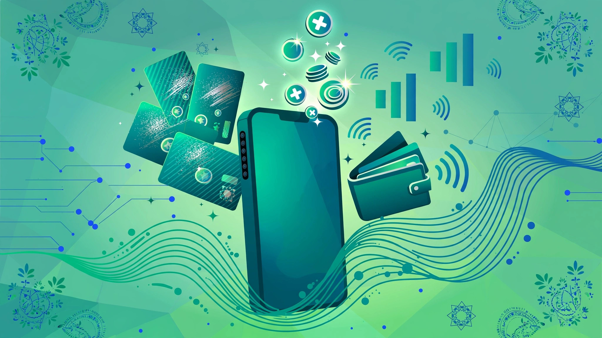 Illustration of a smartphone rising from flowing digital waves with scratch cards, glowing top-up tokens, a mobile wallet and network signal icons in teal and green tones
