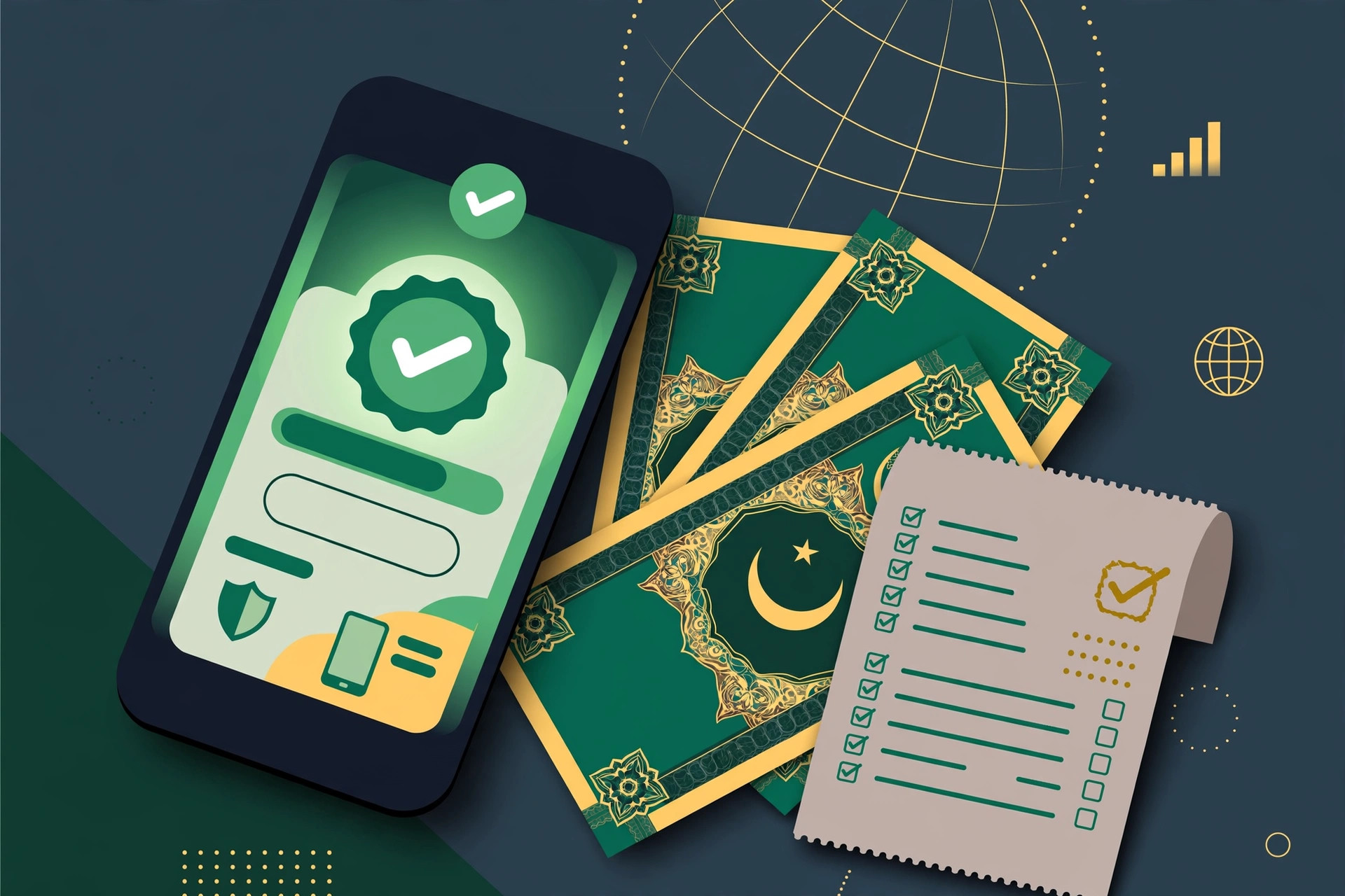 A smartphone showing a PTA registration approval screen with a green checkmark, next to rupee banknotes and a tax payment receipt