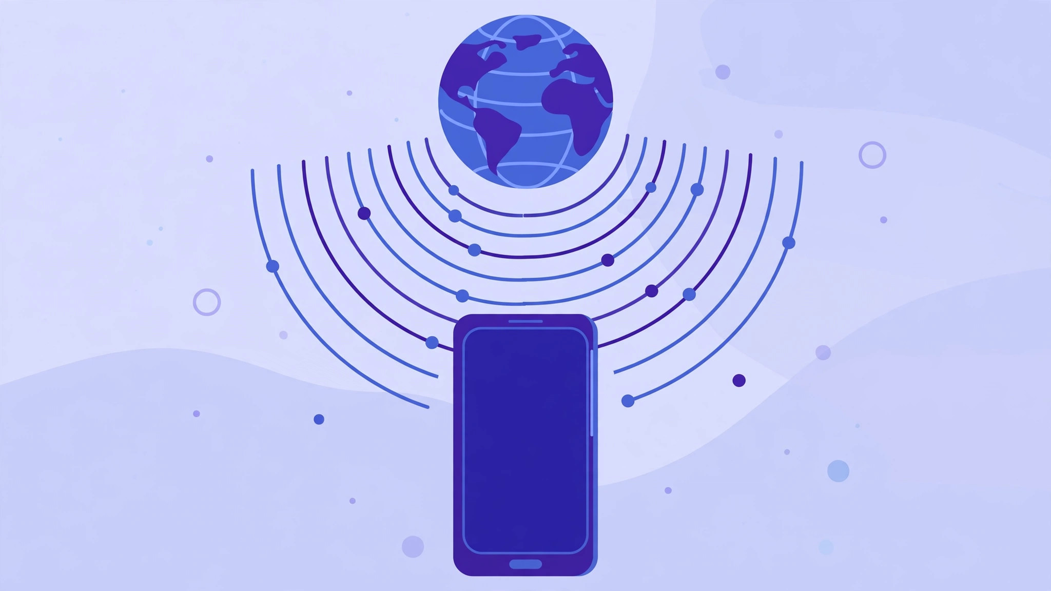 Flat illustration of a smartphone with a globe and data waves above it, illustrating Ufone internet bundles