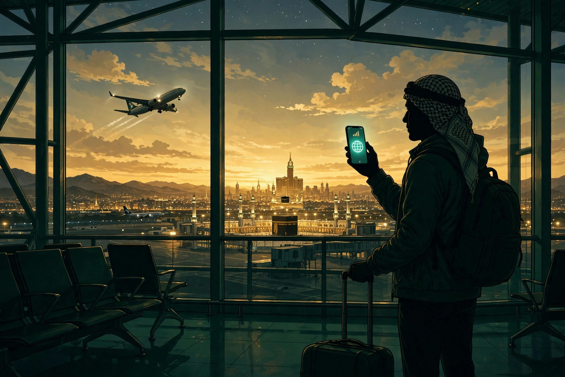 Traveler at an airport departure gate holding a smartphone, with the Mecca skyline glowing at dusk