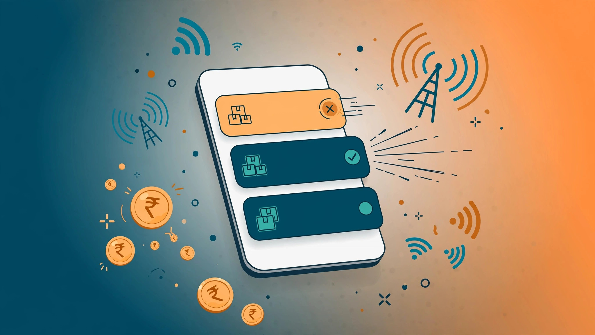 A smartphone showing mobile bundle subscription cards with one being cancelled, surrounded by telecom signal icons and rupee coins